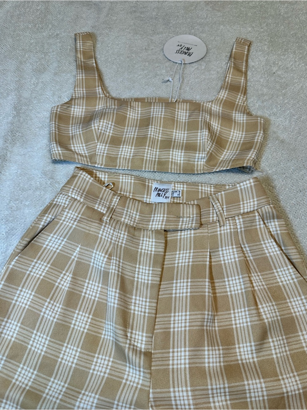 Princess Polly Beige Plaid Wide Leg Pants - Picture 3 of 7